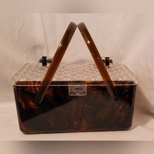 VINTAGE LUCITE / BAKELITE / BROWN TORTOISE BOX PURSE WITH CLEAR TEXTURED LID